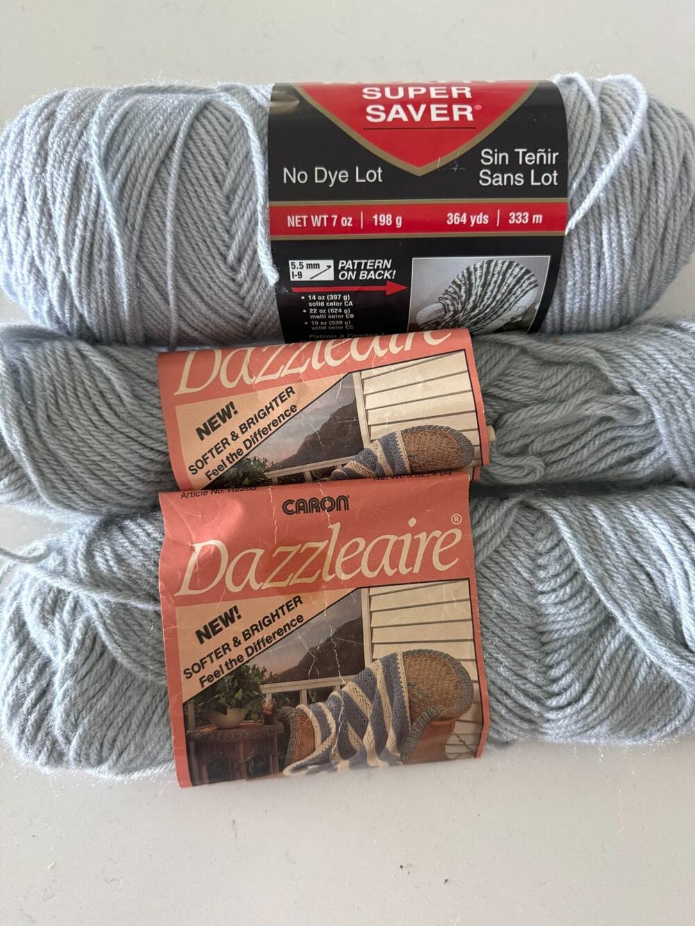 Yarn Lot Red Heart Super Saver & Vintage Caron Dazzleaire Light Gray 3 Skeins